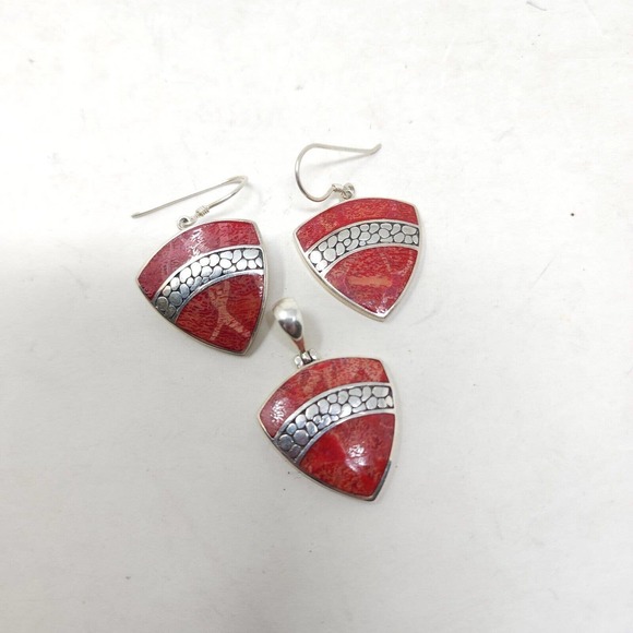 Sponge Coral Earrings Pendant Set Red Natural Marked 925 Sterling Silver 16g - Picture 3 of 7